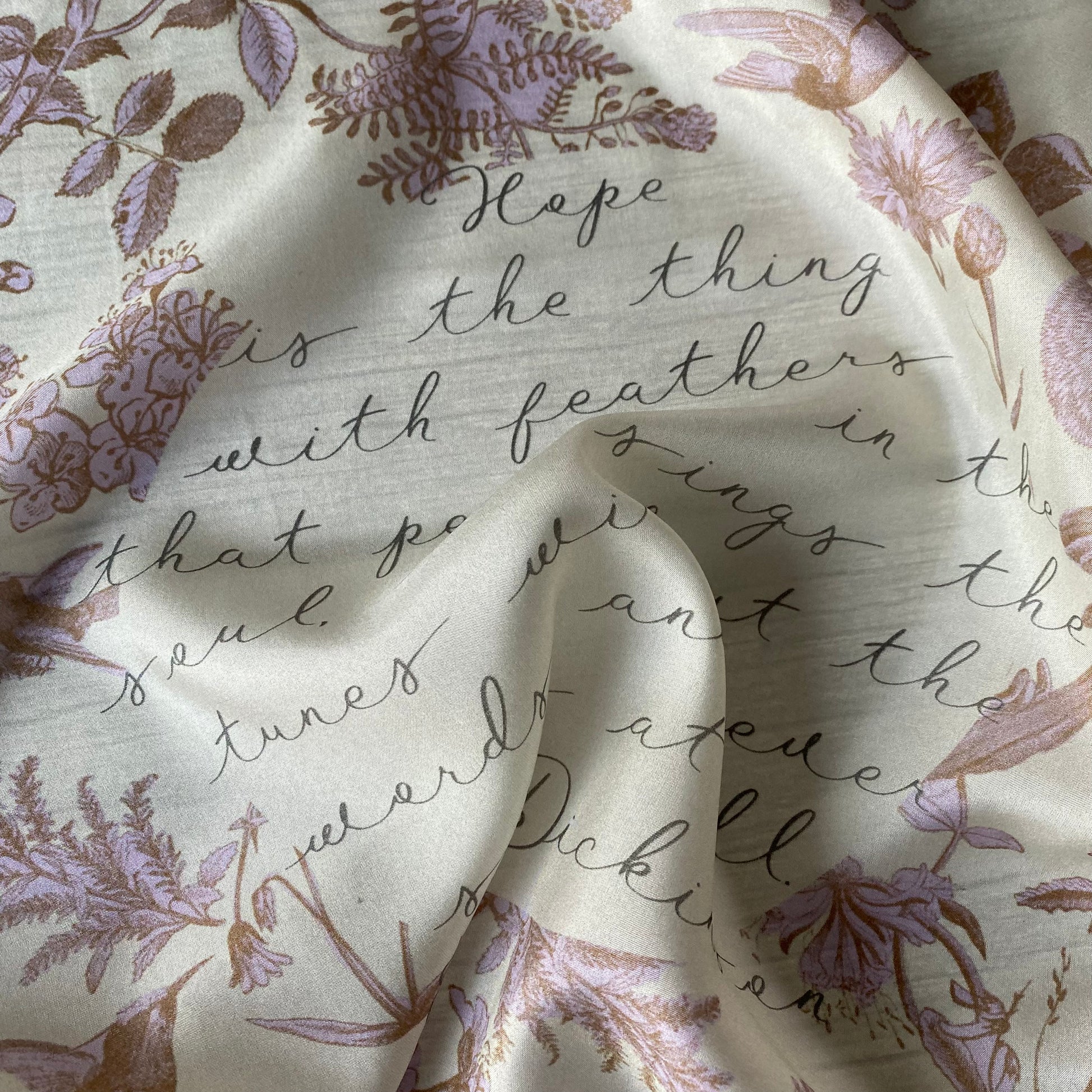 Hope Poem Silk Scarf Emily Dickinson in a Toile de Jouy Pattern, Pink, Brown, Beige Silk Literary Scarf