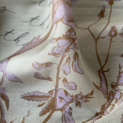 Hope Poem Silk Scarf Emily Dickinson in a Toile de Jouy Pattern, Pink, Brown, Beige Silk Literary Scarf Closeup of botanicals
