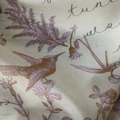 Hope Poem Silk Scarf Emily Dickinson in a Toile de Jouy Pattern, Pink, Brown, Beige Silk Literary Scarf Closeup of a bird, botanicals, and lettering