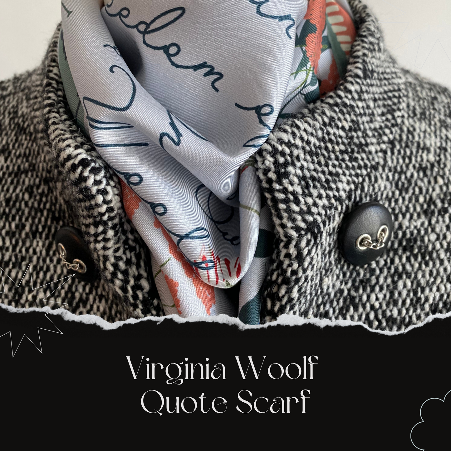 This bookish silk scarf is a beautiful tribute to Virginia Woolf&#39;s classic essay, A Room of One&#39;s Own. It features an inspiring quote from the essay printed in an elegant calligraphy font. The scarf is made from high-quality silk.