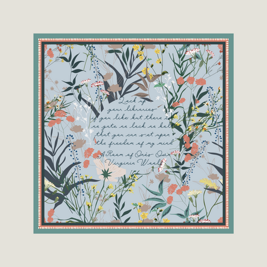 This bookish silk scarf is a beautiful tribute to Virginia Woolf&#39;s classic essay, A Room of One&#39;s Own. It features an inspiring quote from the essay printed in an elegant calligraphy font. The scarf is made from high-quality silk.