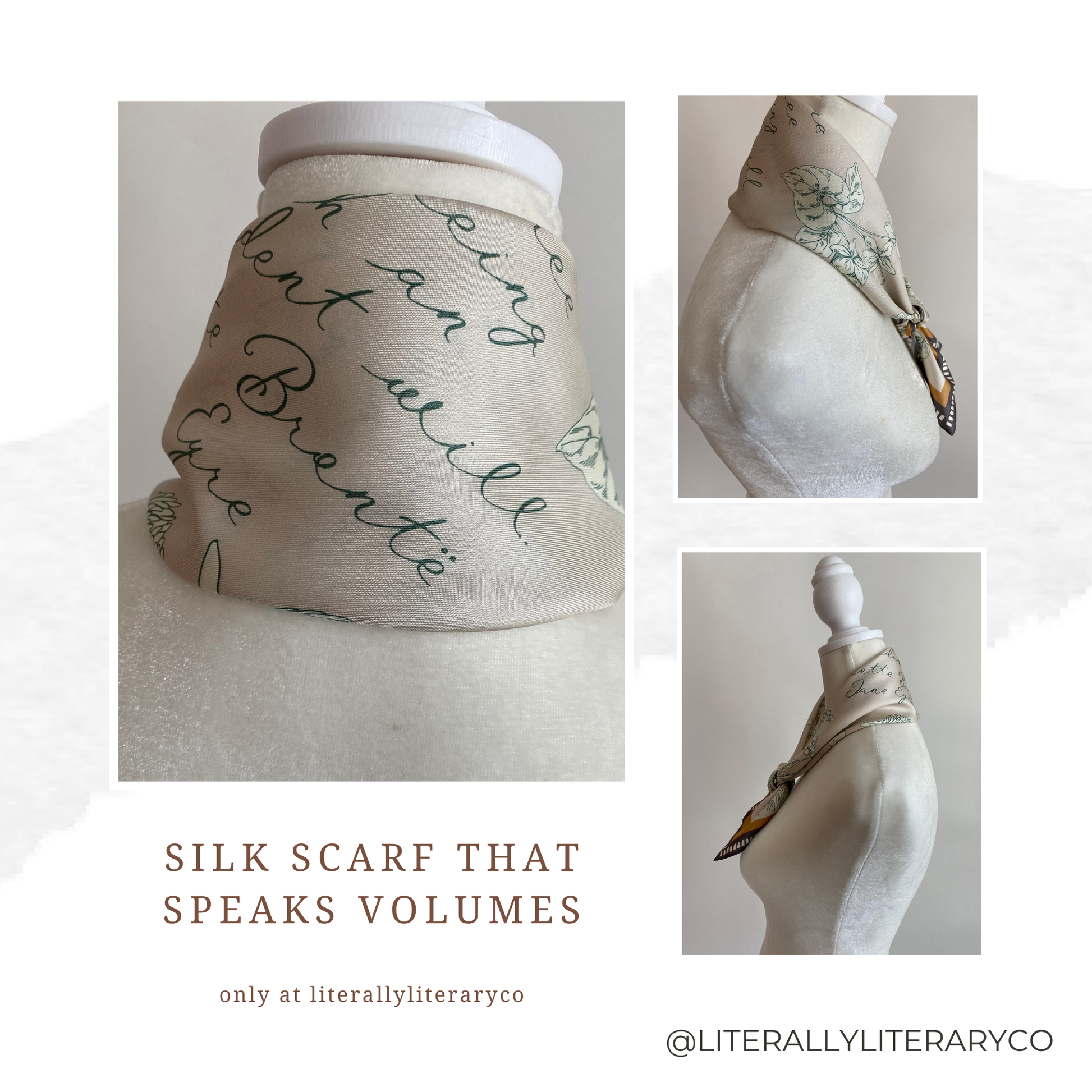 This Jane Eyre Quote silk scarf features the quote &quot;I am no bird&quot; from Jane Eyre, printed in an elegant calligraphy font. It is made from high-quality silk and has a luxurious sheen and soft texture with stunning botanical motif that complements the text.