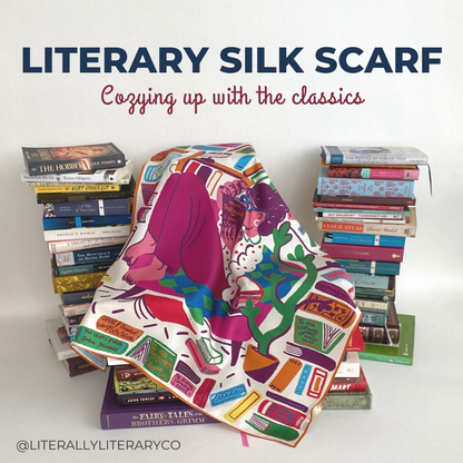 This bookish silk scarf features a beautiful illustration of a woman engrossed in a classic book, surrounded by famous literature. Made from high-quality silk, it has a luxurious texture and a lovely sheen.