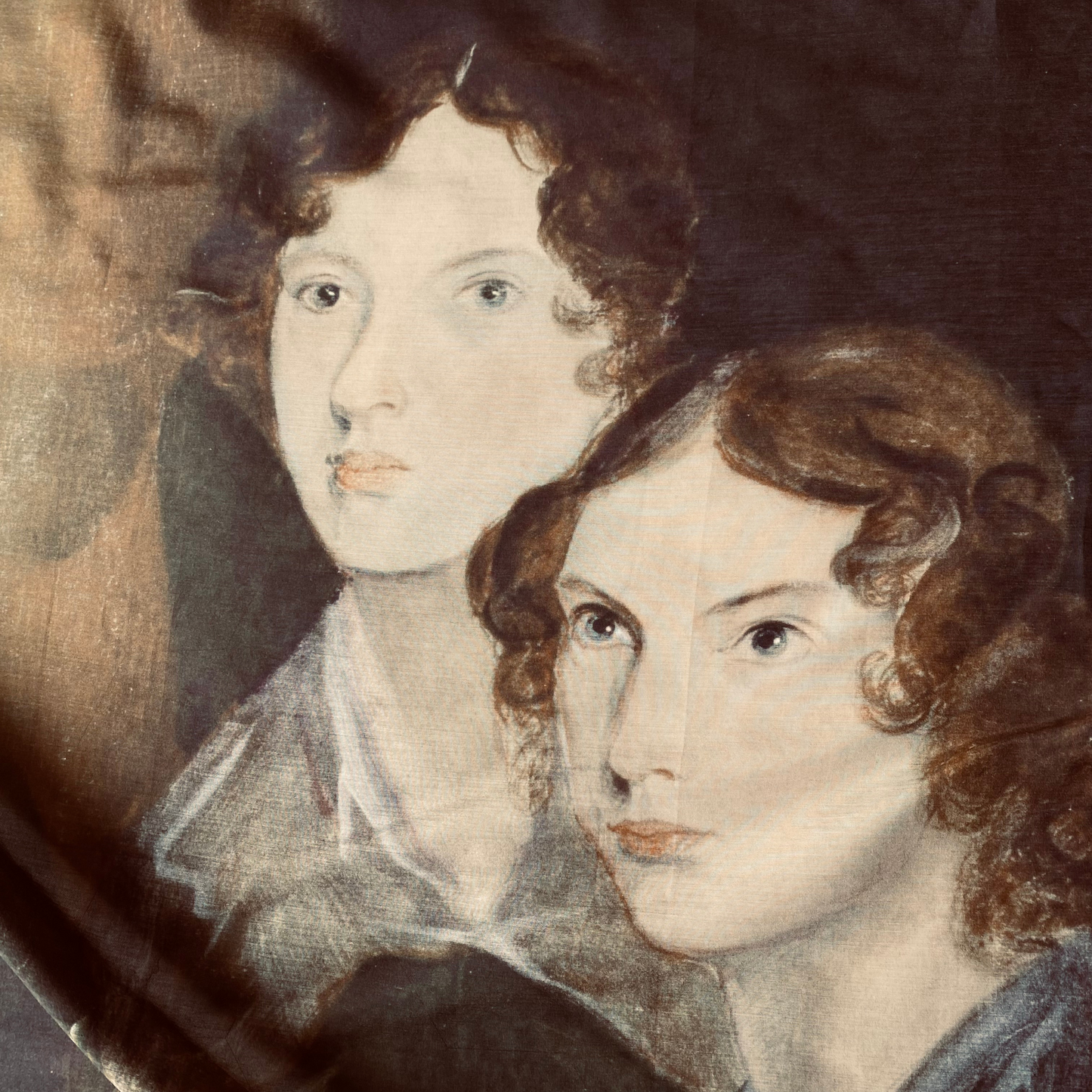 Bronte Sister Scarf Book Lover Gifts Close up of Anne Bronte and Emily Bronte